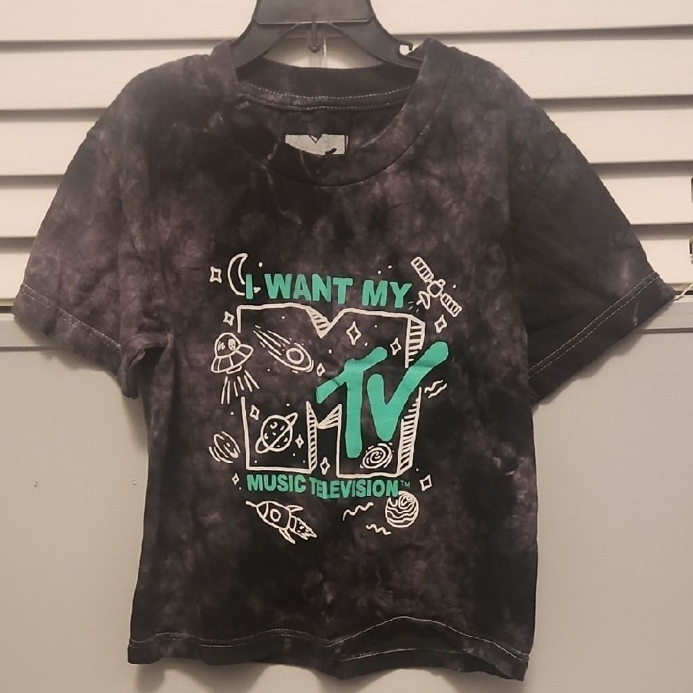 (3 ITEMS FOR $25)MTV Kids Tee - Black & Purple Tye-dye Shirt. Green Logo. Size 4